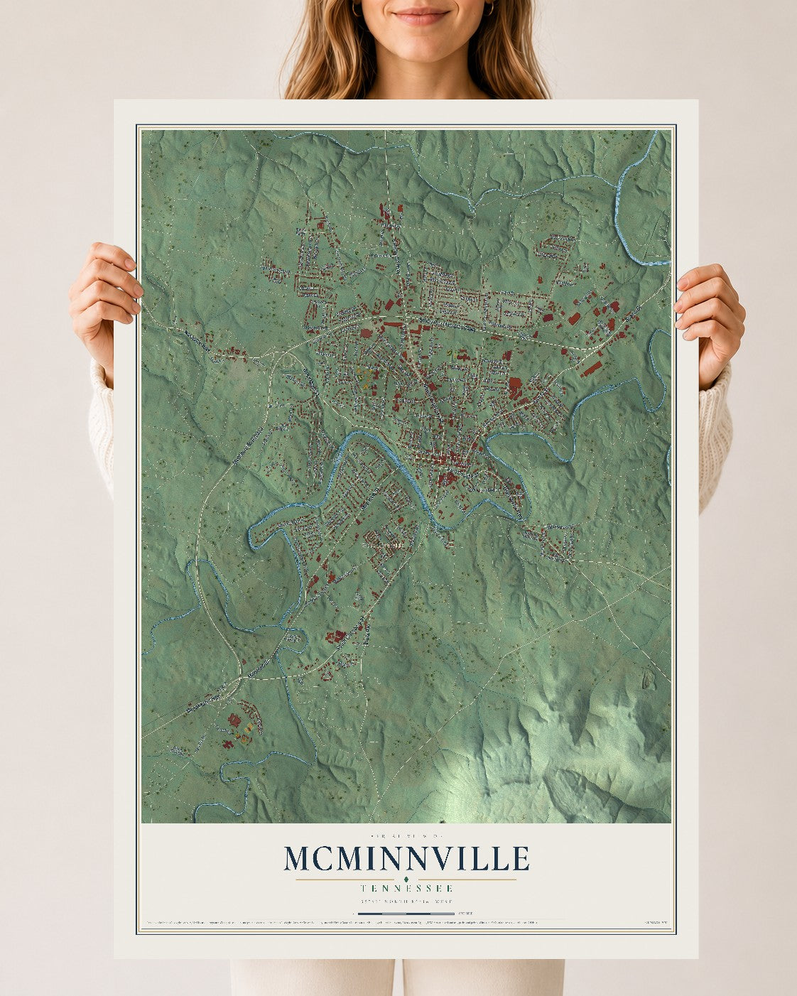 Map of McMinnville, Tennessee, 24 x 36 inch unframed archival matte print