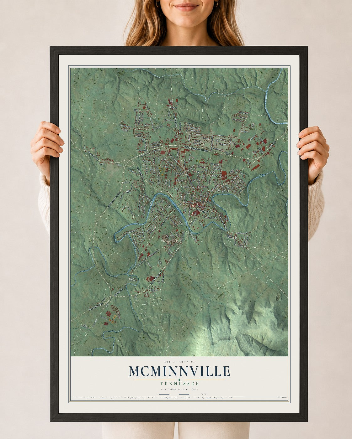 Map of McMinnville, Tennessee, 24 x 36 inch print in a black wood frame