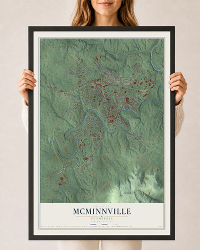 Map of McMinnville, Tennessee, 24 x 36 inch print in a black wood frame