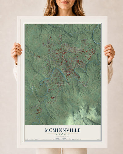 Map of McMinnville, Tennessee, 24 x 36 inch print in a white wood frame