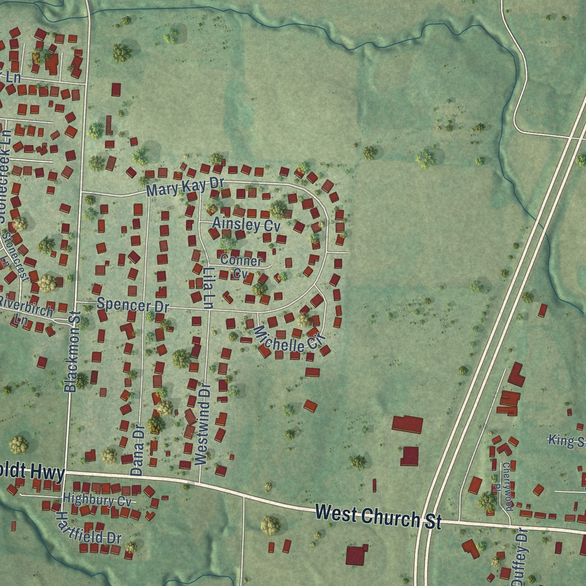 Close-up of the map of Medina, Tennessee print showing street and building detail