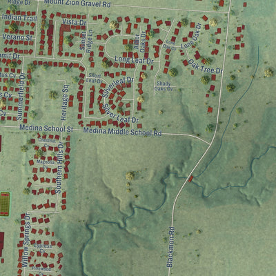 Second close-up of the map of Medina, Tennessee print showing more streets and buildings
