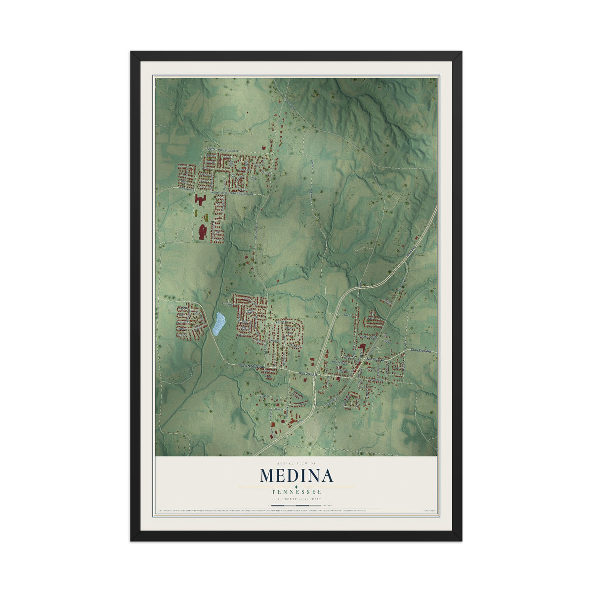 Map of Medina, Tennessee, 12 x 18 inch print in a black wood frame
