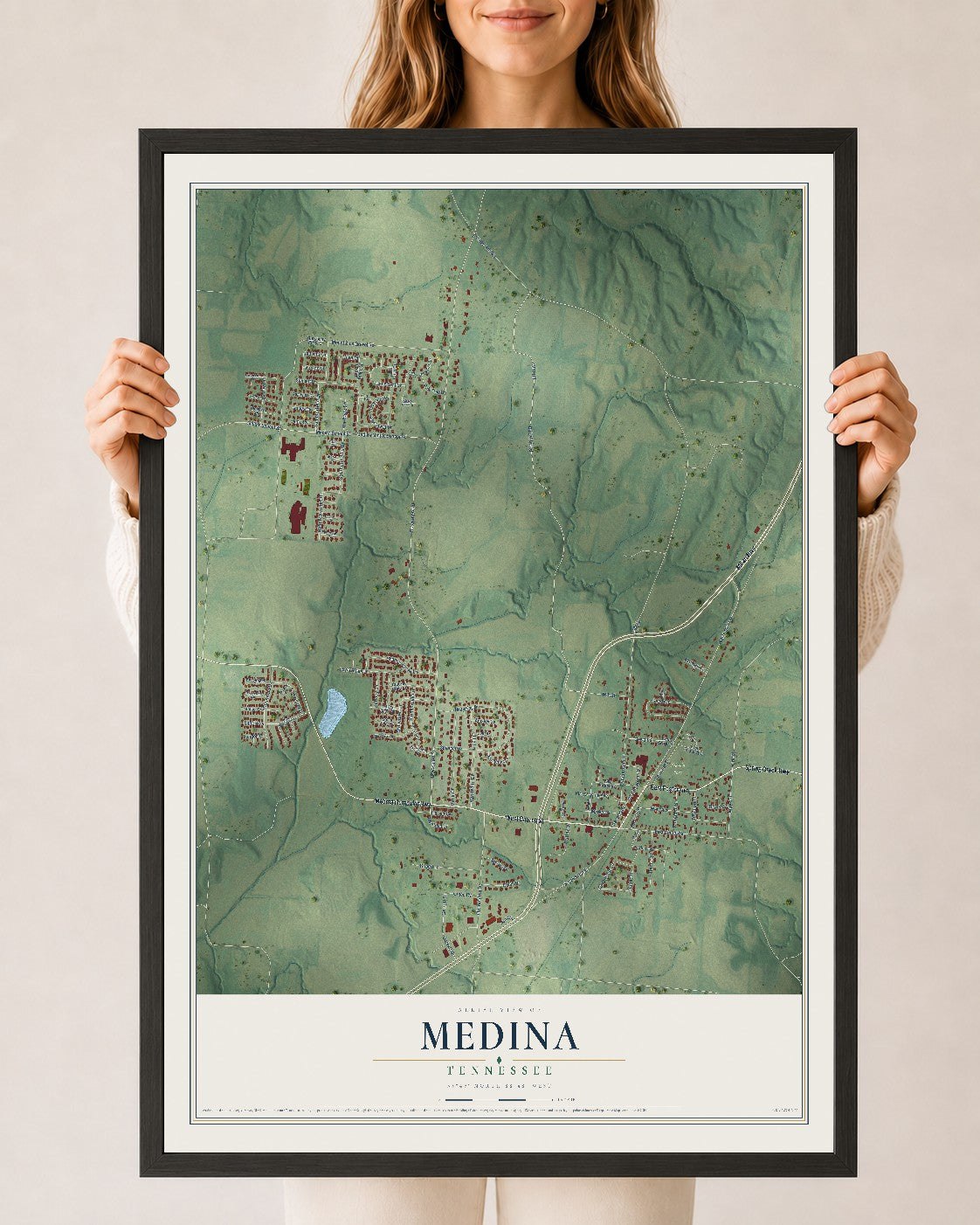 Map of Medina, Tennessee, 24 x 36 inch print in a black wood frame