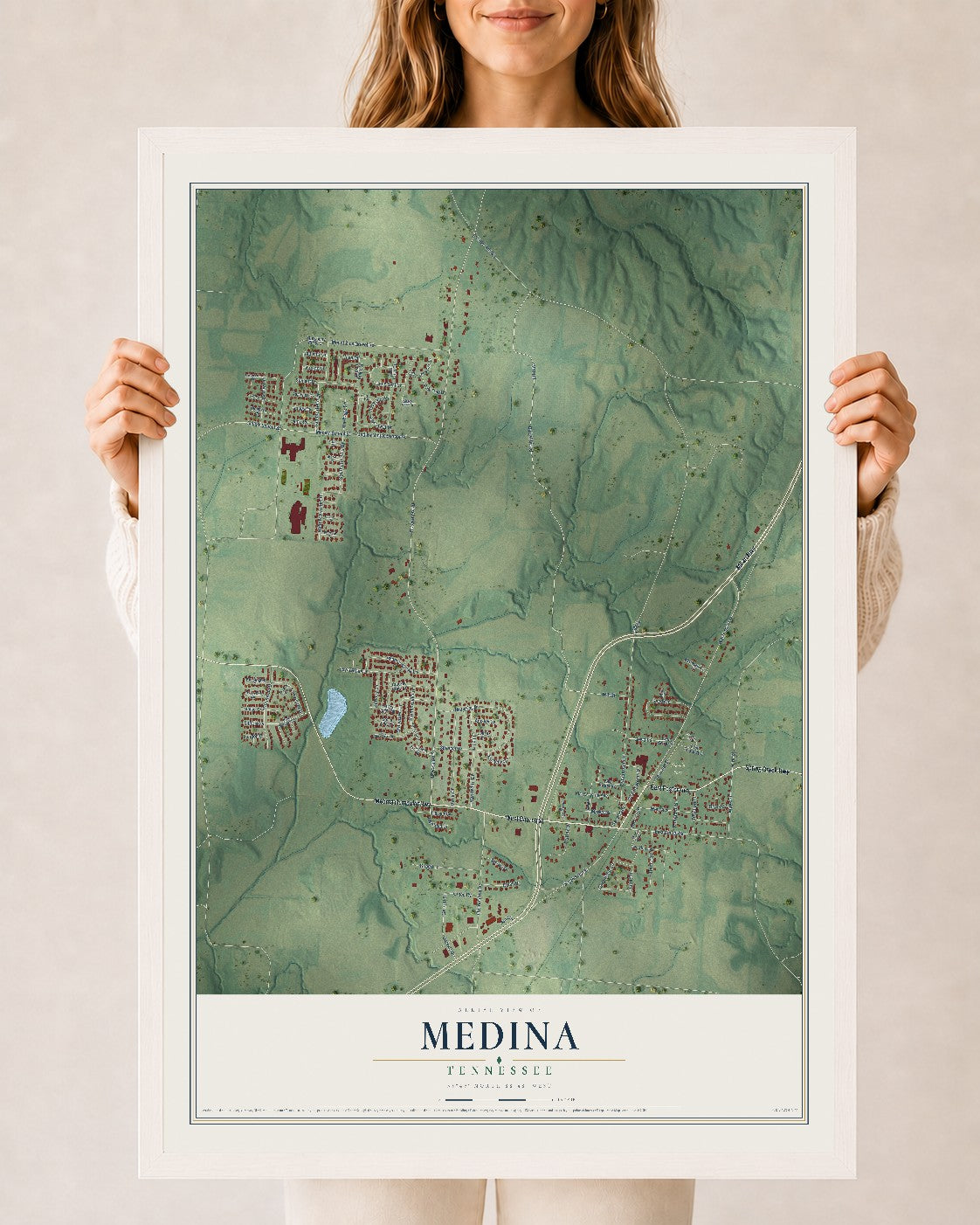 Map of Medina, Tennessee, 24 x 36 inch print in a white wood frame