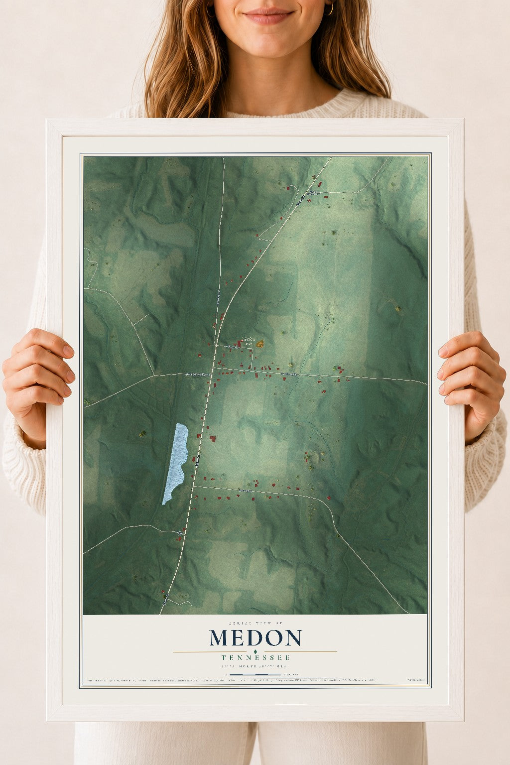 Map of Medon, Tennessee, 18 x 24 inch print in a white wood frame