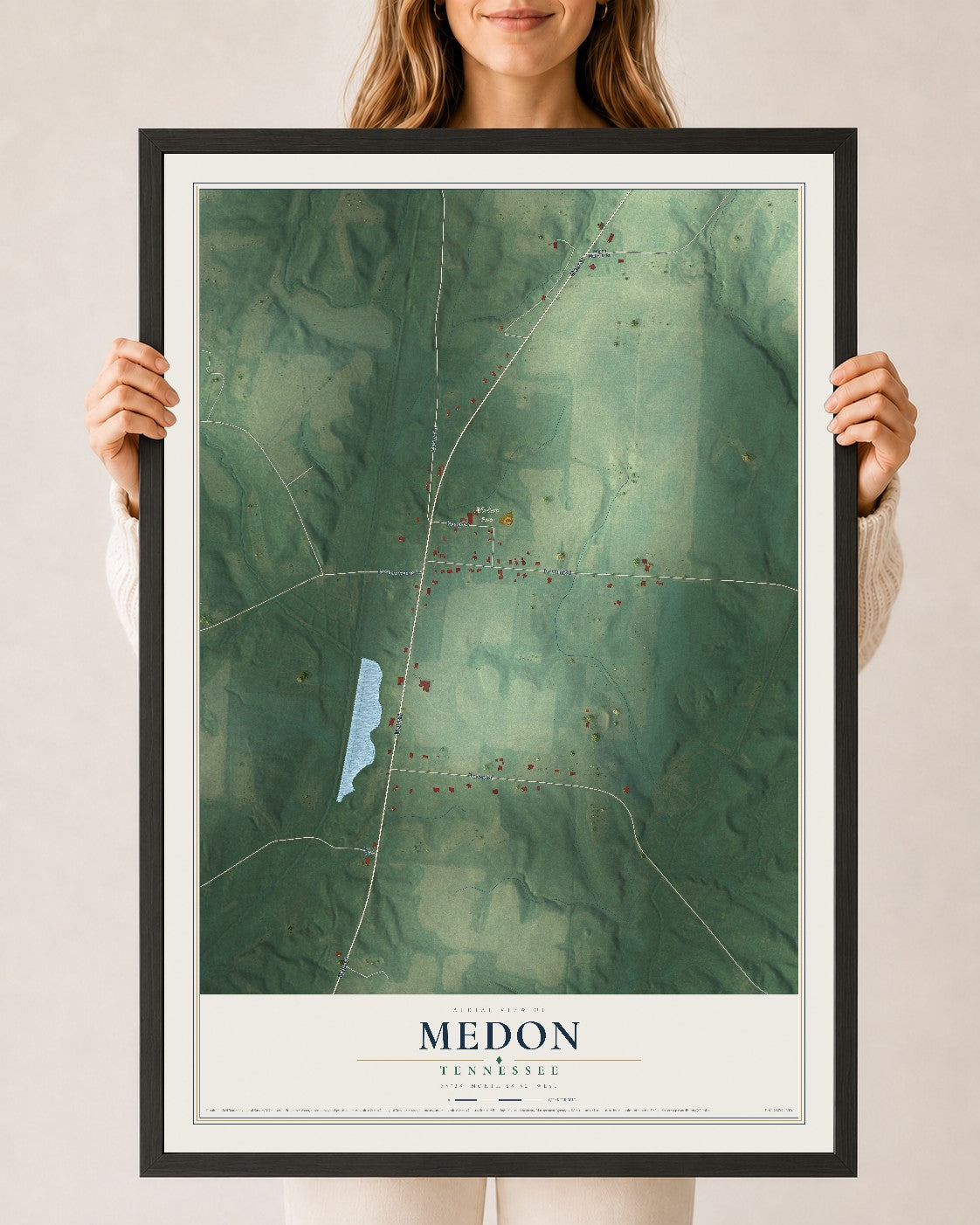 Map of Medon, Tennessee, 24 x 36 inch print in a black wood frame