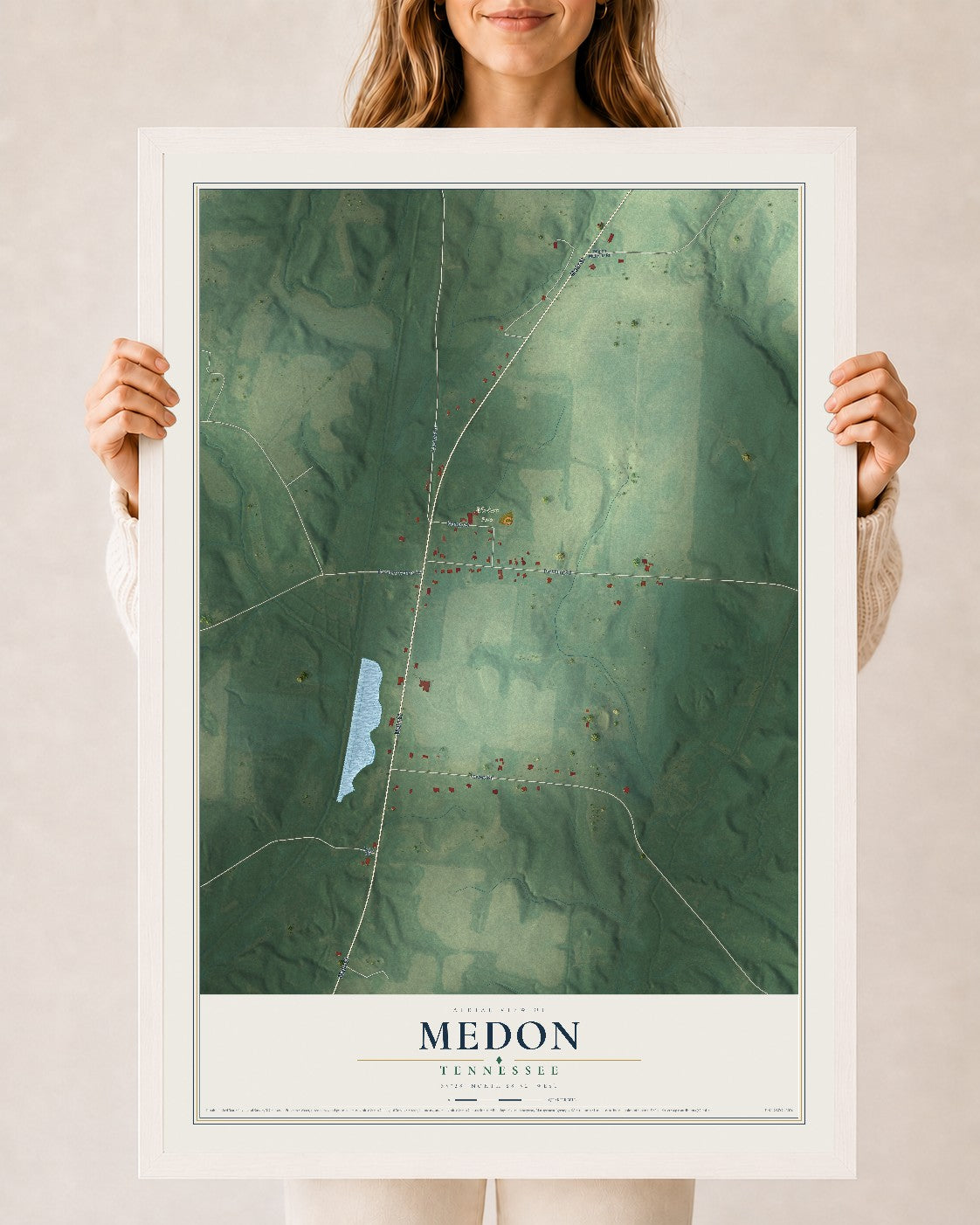 Map of Medon, Tennessee, 24 x 36 inch print in a white wood frame