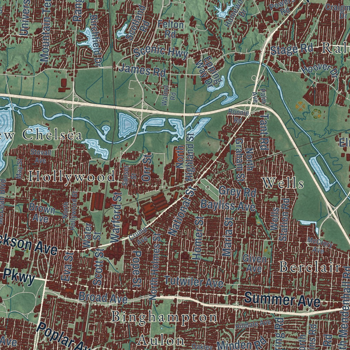 Second close-up of the map of Memphis, Tennessee print showing more streets and buildings