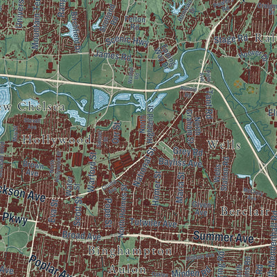 Second close-up of the map of Memphis, Tennessee print showing more streets and buildings