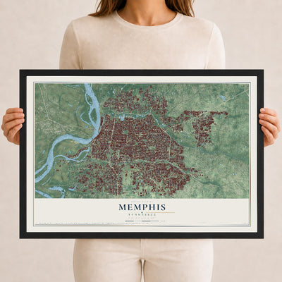 Map of Memphis, Tennessee, 12 x 18 inch print in a black wood frame