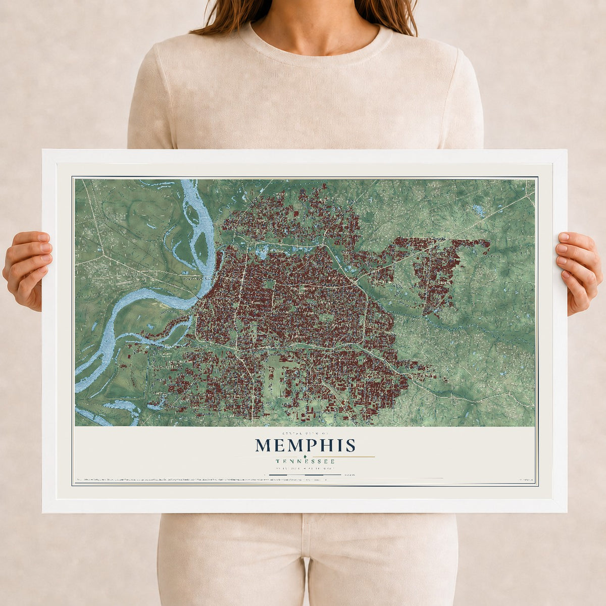 Map of Memphis, Tennessee, 12 x 18 inch print in a white wood frame