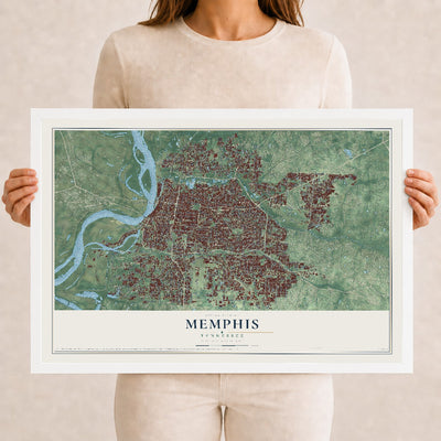 Map of Memphis, Tennessee, 12 x 18 inch print in a white wood frame