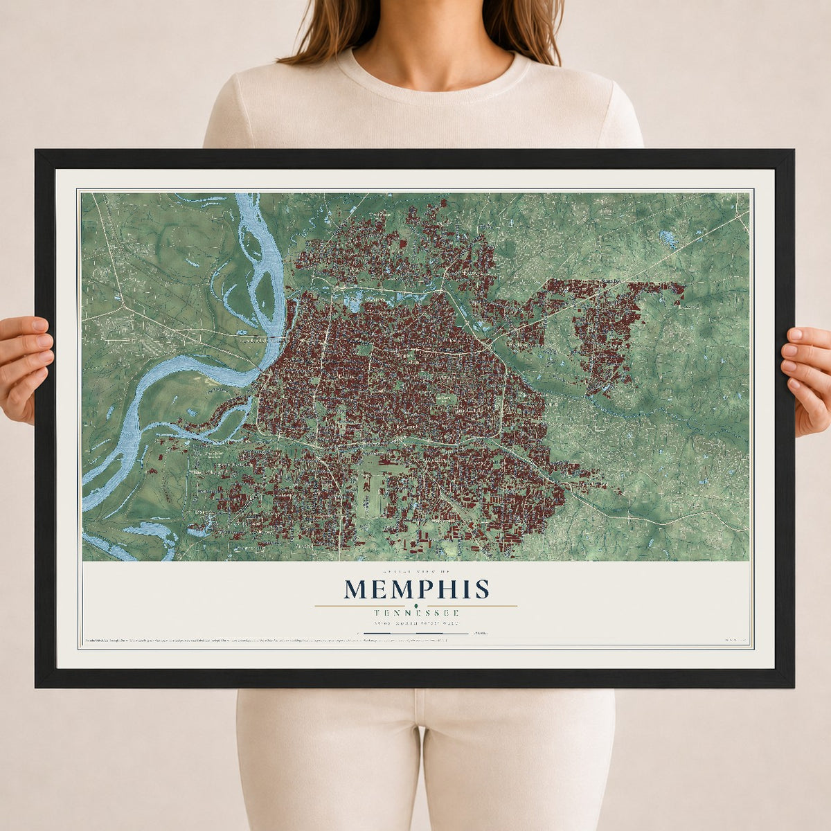 Map of Memphis, Tennessee, 18 x 24 inch print in a black wood frame