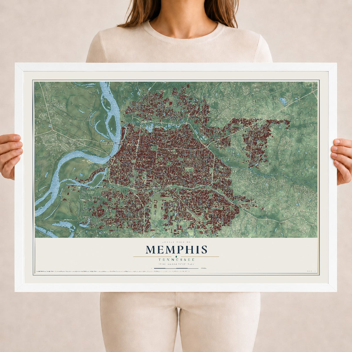 Map of Memphis, Tennessee, 18 x 24 inch print in a white wood frame