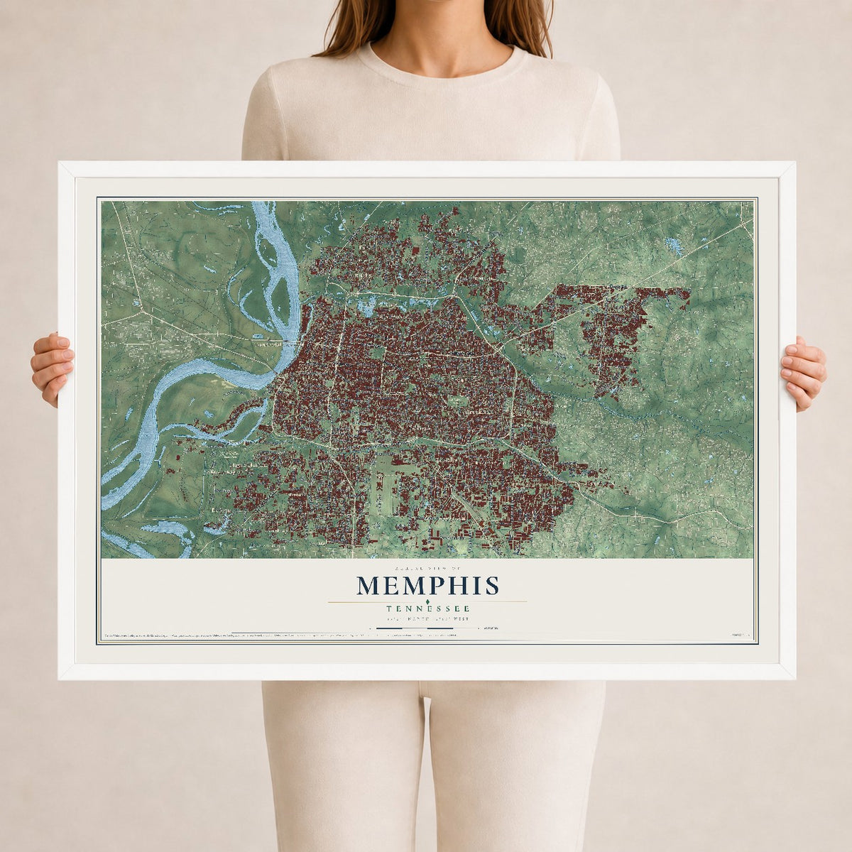 Map of Memphis, Tennessee, 24 x 36 inch print in a white wood frame