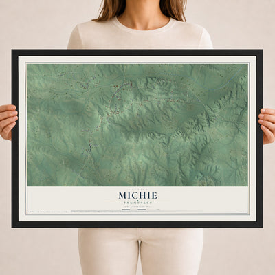 Map of Michie, Tennessee, 18 x 24 inch print in a black wood frame