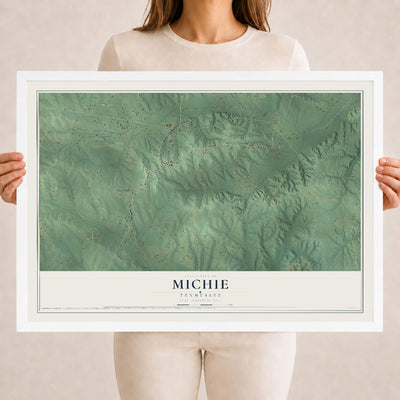Map of Michie, Tennessee, 18 x 24 inch print in a white wood frame
