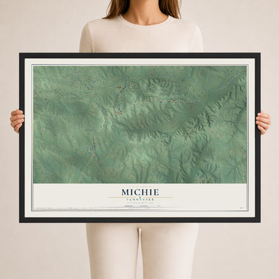 Map of Michie, Tennessee, 24 x 36 inch print in a black wood frame