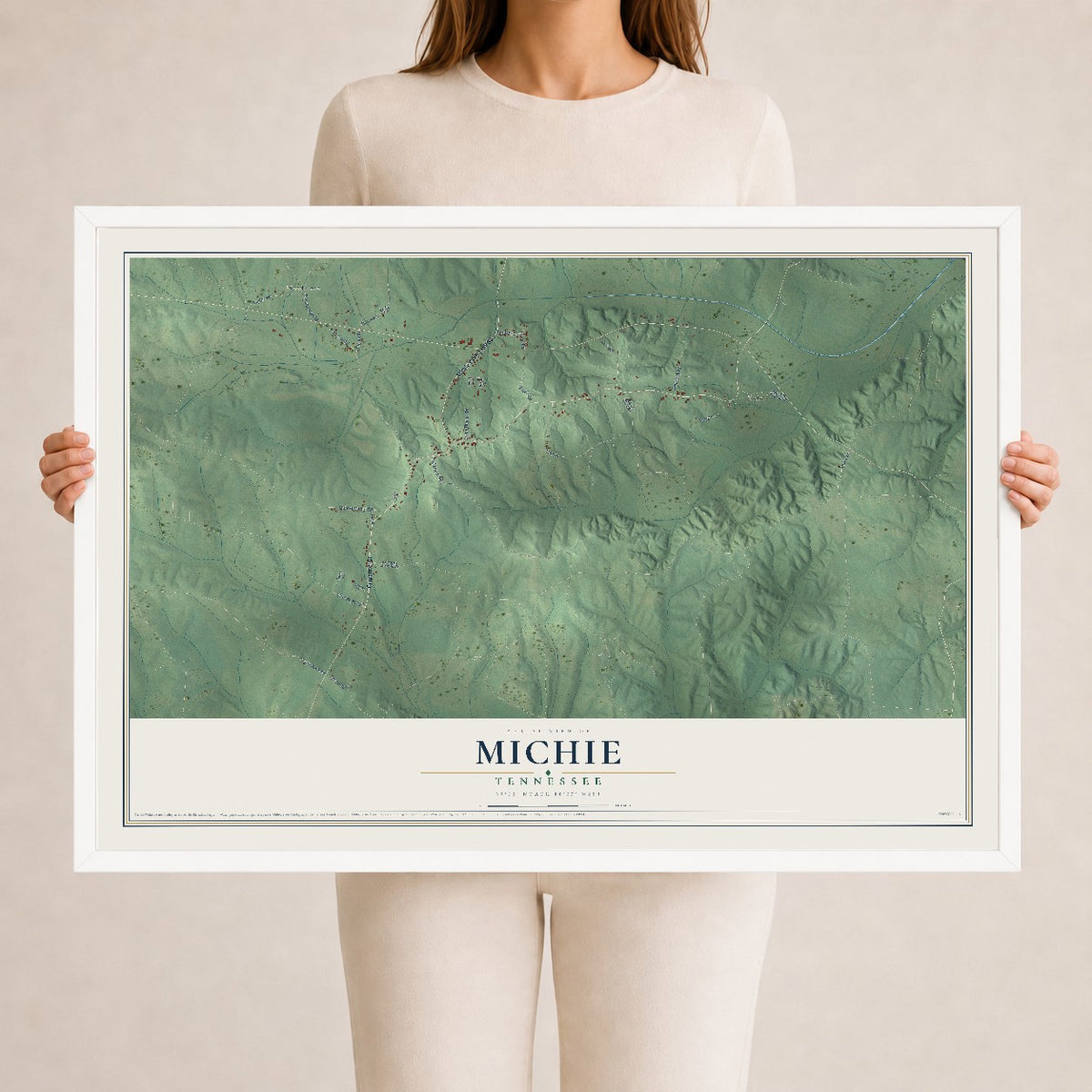 Map of Michie, Tennessee, 24 x 36 inch print in a white wood frame