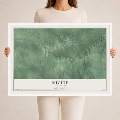 Map of Michie, Tennessee, 24 x 36 inch print in a white wood frame