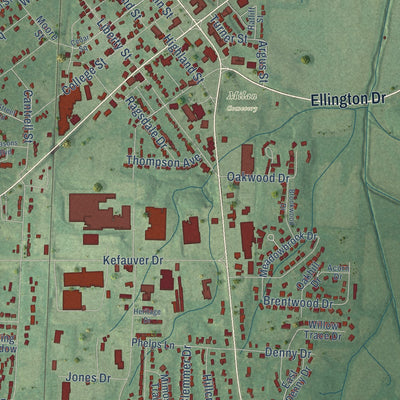 Close-up of the map of Milan, Tennessee print showing street and building detail