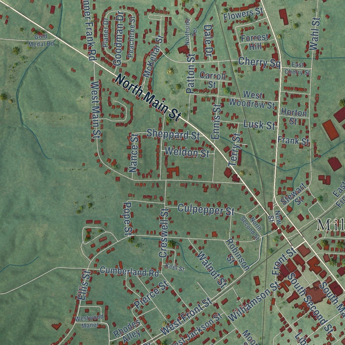 Second close-up of the map of Milan, Tennessee print showing more streets and buildings