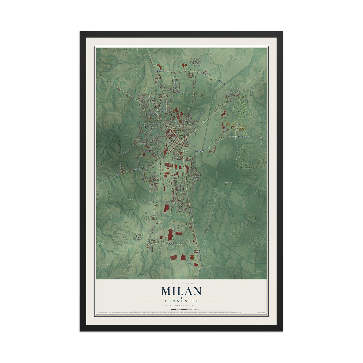 Map of Milan, Tennessee, 12 x 18 inch print in a black wood frame