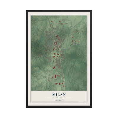 Map of Milan, Tennessee, 12 x 18 inch print in a black wood frame