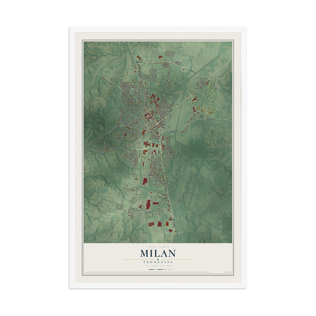 Map of Milan, Tennessee, 12 x 18 inch print in a white wood frame