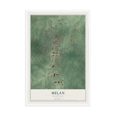 Map of Milan, Tennessee, 12 x 18 inch print in a white wood frame