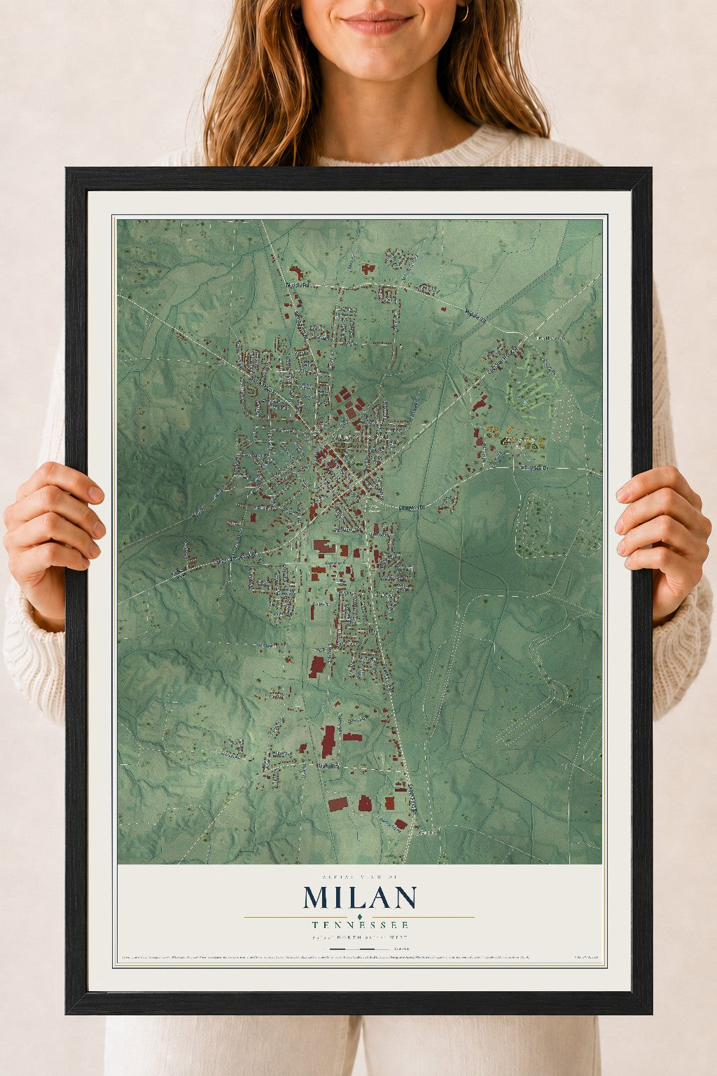 Map of Milan, Tennessee, 18 x 24 inch print in a black wood frame
