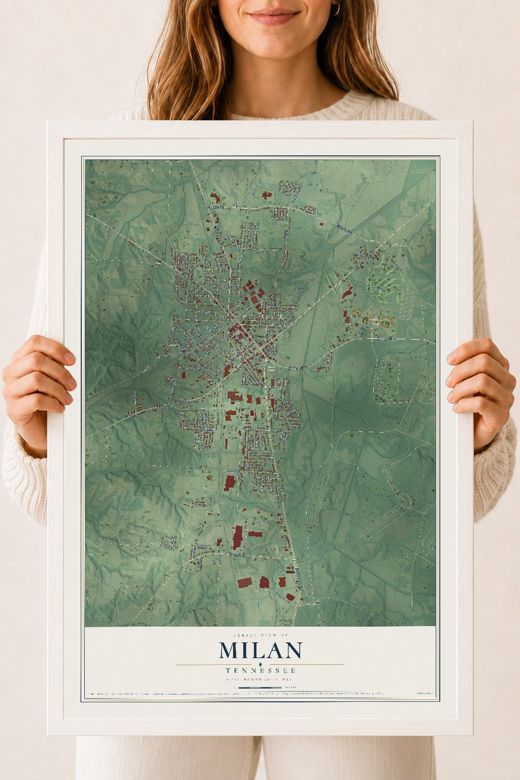 Map of Milan, Tennessee, 18 x 24 inch print in a white wood frame