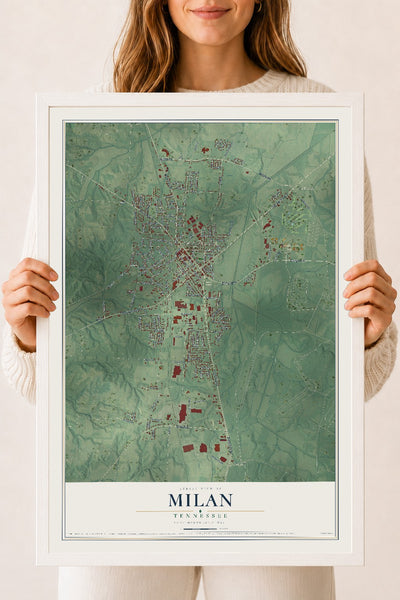 Map of Milan, Tennessee, 18 x 24 inch print in a white wood frame