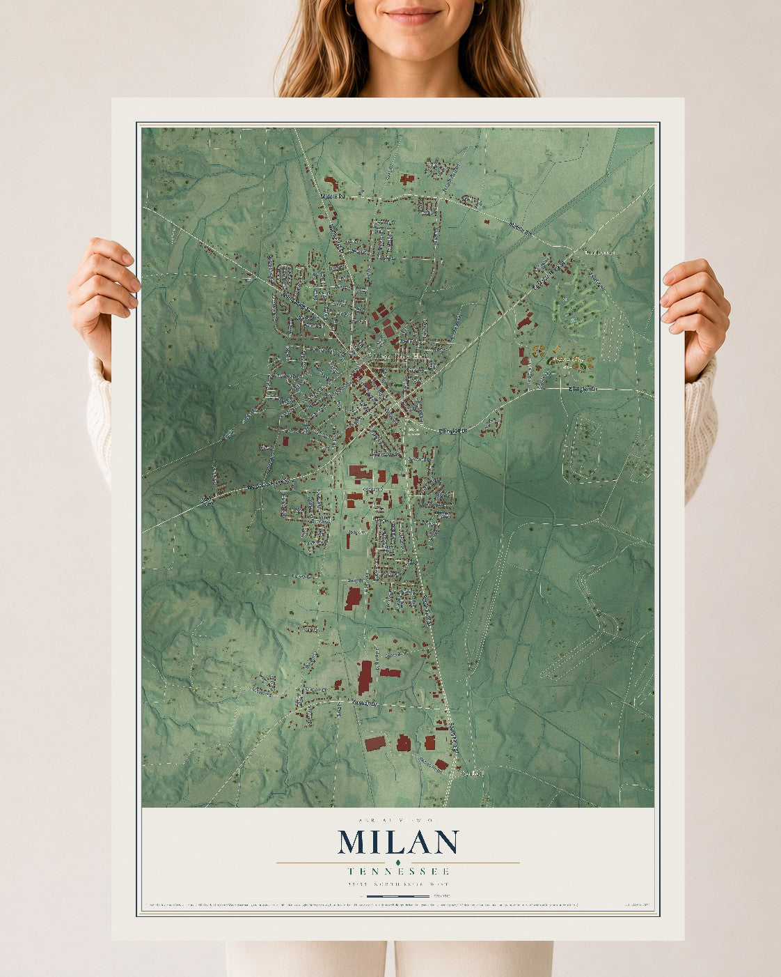 Map of Milan, Tennessee, 24 x 36 inch unframed archival matte print