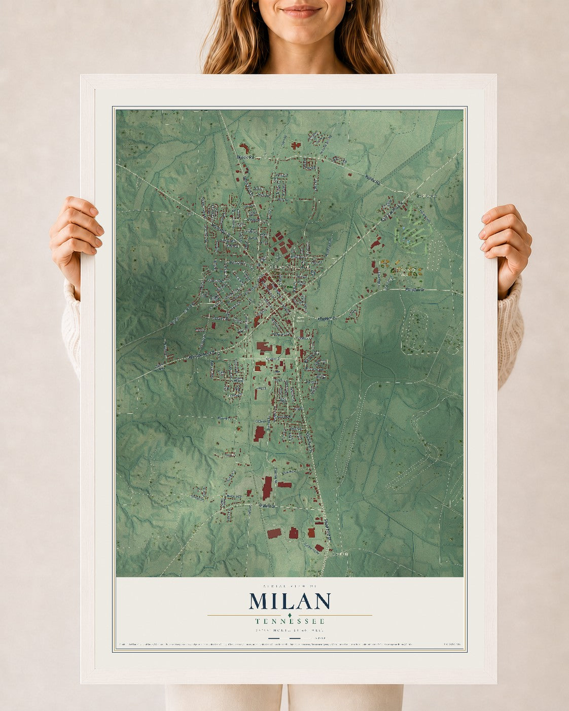 Map of Milan, Tennessee, 24 x 36 inch print in a white wood frame