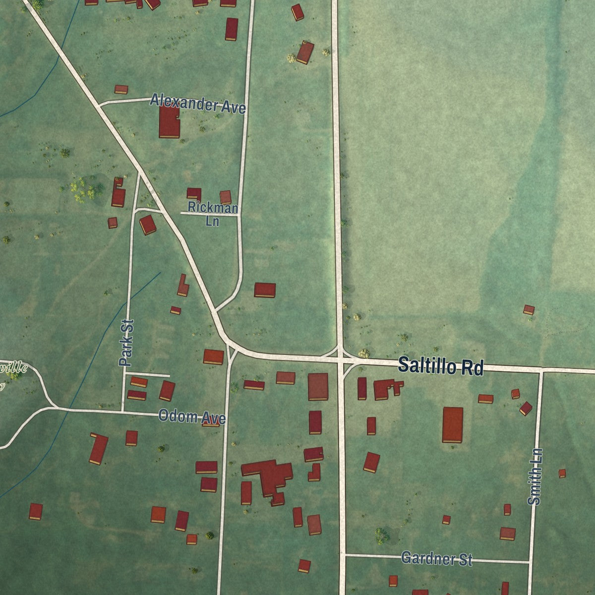 Close-up of the map of Milledgeville, Tennessee print showing street and building detail