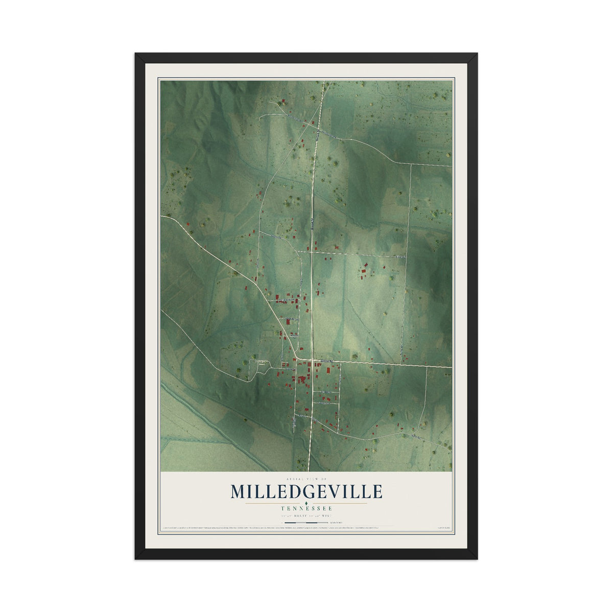Map of Milledgeville, Tennessee, 12 x 18 inch print in a black wood frame