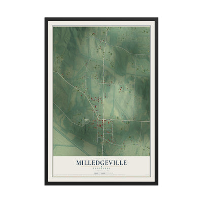 Map of Milledgeville, Tennessee, 12 x 18 inch print in a black wood frame