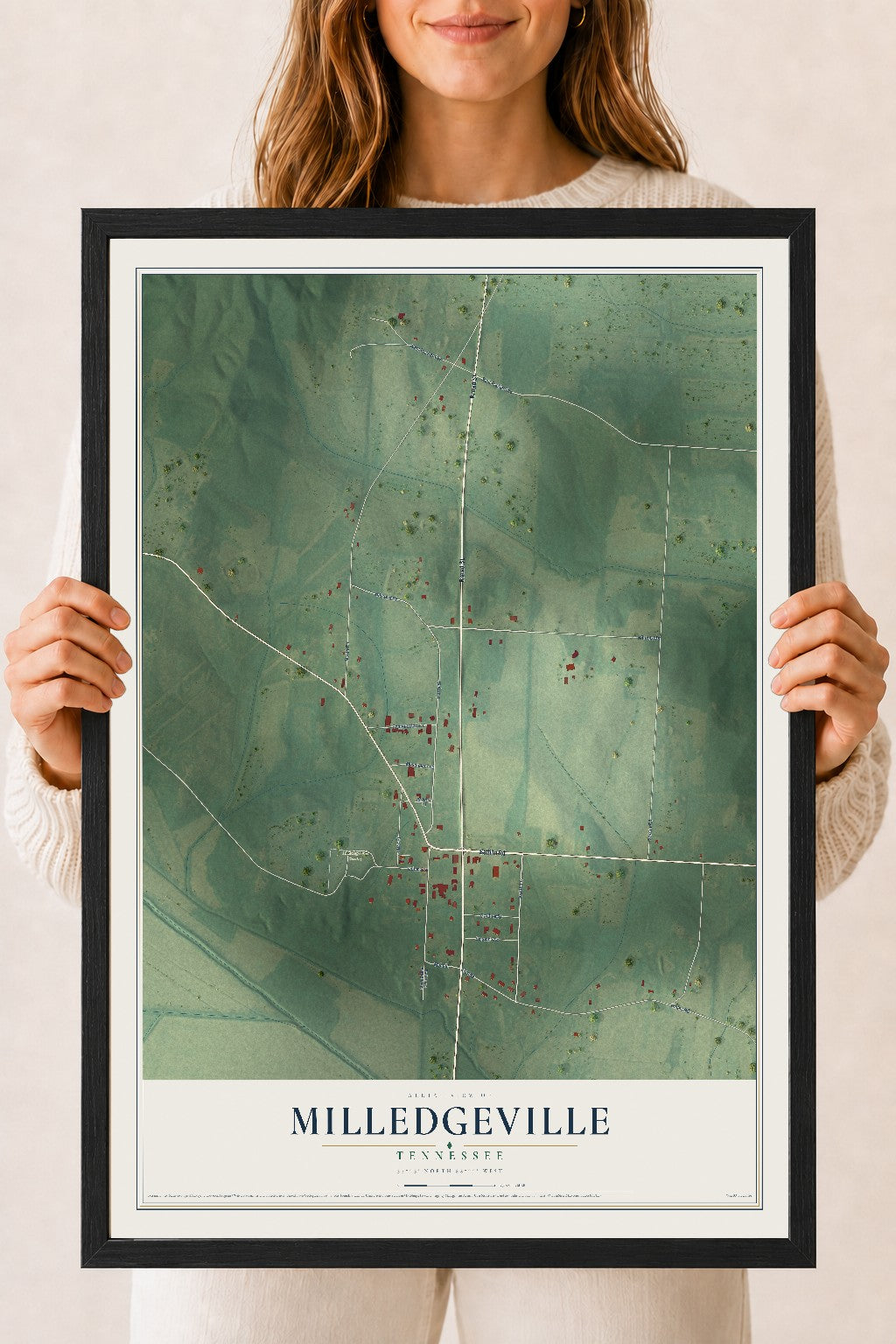 Map of Milledgeville, Tennessee, 18 x 24 inch print in a black wood frame