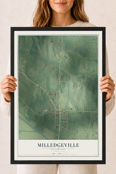 Map of Milledgeville, Tennessee, 18 x 24 inch print in a black wood frame