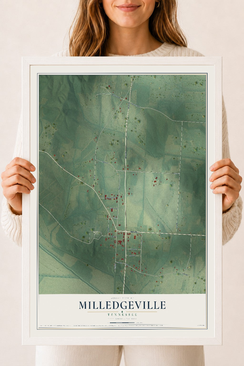 Map of Milledgeville, Tennessee, 18 x 24 inch print in a white wood frame