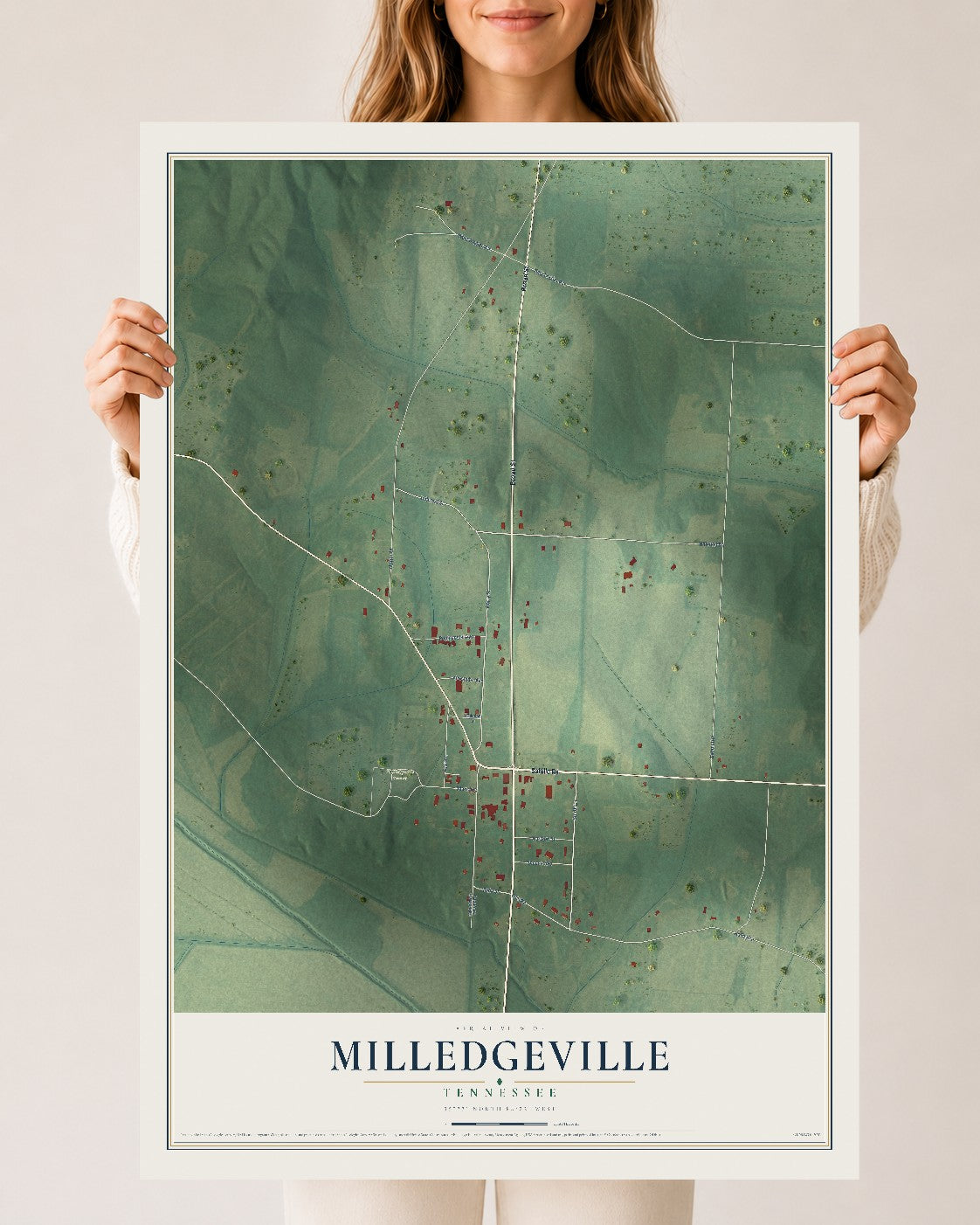 Map of Milledgeville, Tennessee, 24 x 36 inch unframed archival matte print