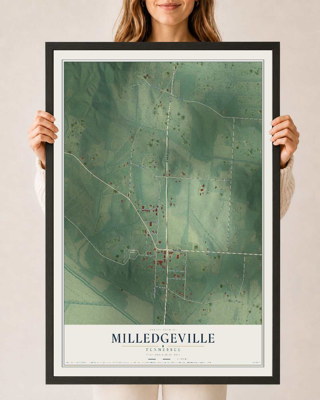 Map of Milledgeville, Tennessee, 24 x 36 inch print in a black wood frame