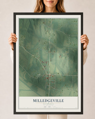 Map of Milledgeville, Tennessee, 24 x 36 inch print in a black wood frame