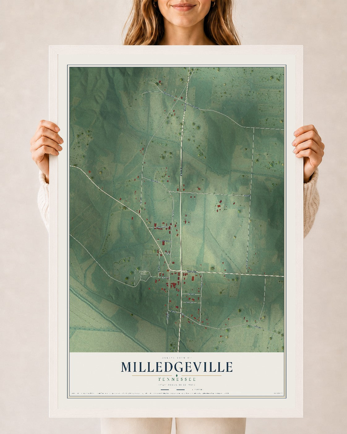 Map of Milledgeville, Tennessee, 24 x 36 inch print in a white wood frame