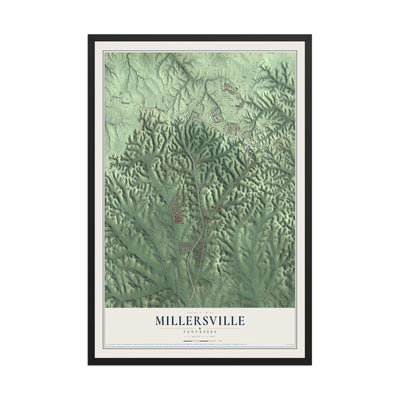 Map of Millersville, Tennessee, 12 x 18 inch print in a black wood frame