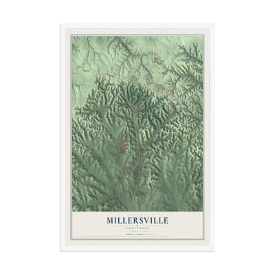 Map of Millersville, Tennessee, 12 x 18 inch print in a white wood frame
