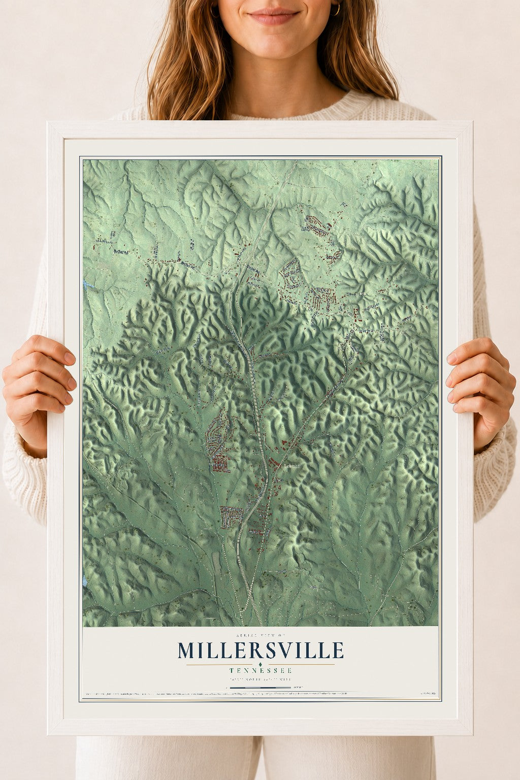 Map of Millersville, Tennessee, 18 x 24 inch print in a white wood frame