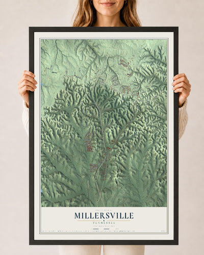 Map of Millersville, Tennessee, 24 x 36 inch print in a black wood frame